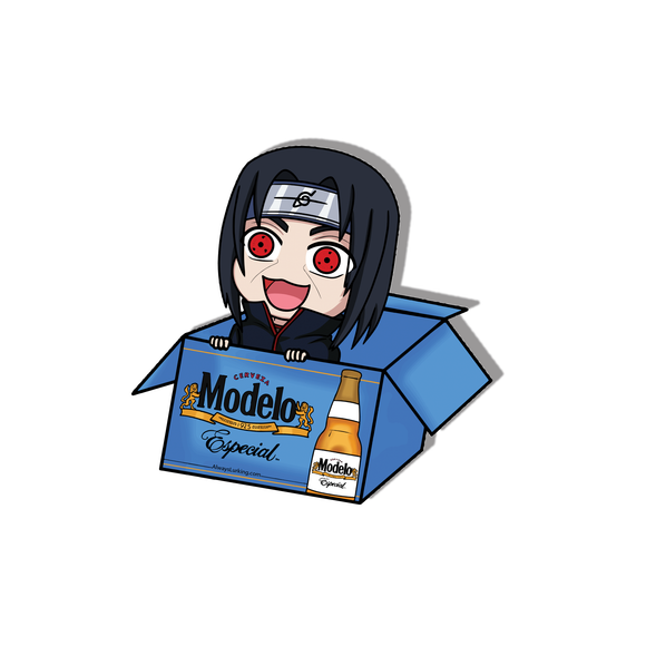 Itachi Uchiha from the anime Naruto using Sharingan in a Modelo Box sticker created by Always Lurking